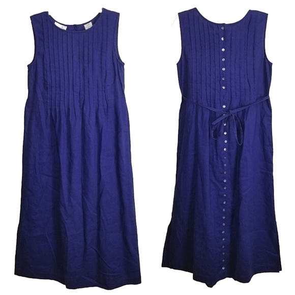 Liz Claiborne Petite Linen Sleeveless Shirt Dress Button Pin Tuck Tie Waist Blue - Picture 1 of 11